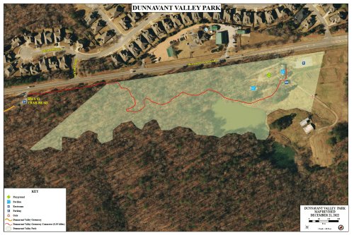 Map of Dunnavant Valley Park showing trails, parking, and surrounding residential areas, with a key for reference.