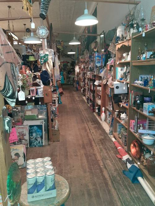 A narrow aisle in a vintage shop lined with shelves of eclectic items, hats, and decorations, with a few cans on a table.