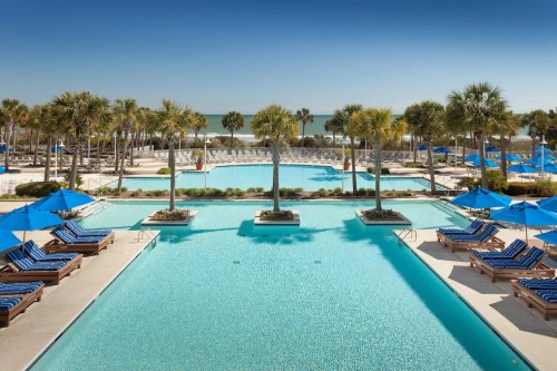 A serene pool area with palm trees and blue umbrellas, overlooking the ocean under a clear sky.