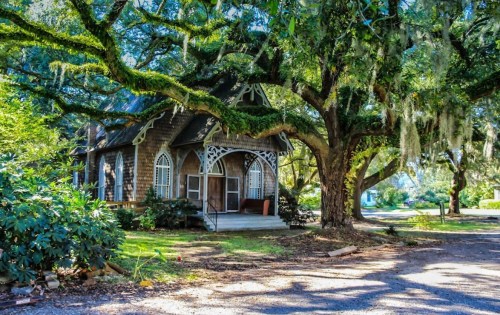 A charming, rustic house with intricate woodwork, surrounded by lush greenery and large trees draped in Spanish moss.