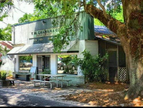 Historic building with a sign reading "T.W. Graham & Co." surrounded by trees and outdoor seating.
