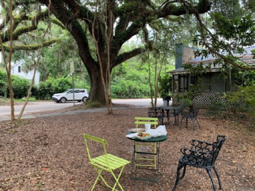 A cozy outdoor seating area with green and black chairs under a large tree, near a quiet street.