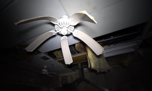 A ceiling fan hangs in a dimly lit room with exposed insulation and a damaged ceiling above.