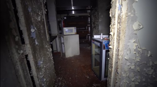 Dimly lit, abandoned kitchen with peeling walls, a microwave, and a glass-fronted fridge.