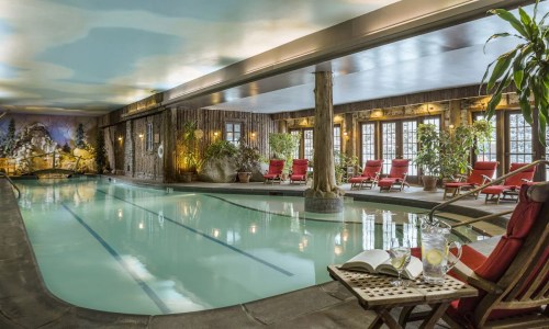 Indoor pool area with wooden accents, lounge chairs, plants, and a serene atmosphere.