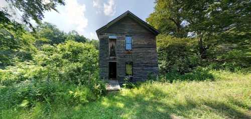 Abandoned wooden house surrounded by overgrown greenery and trees under a bright sky.