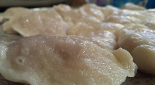 Close-up of soft, pale dumplings arranged on a plate, showcasing their smooth texture.