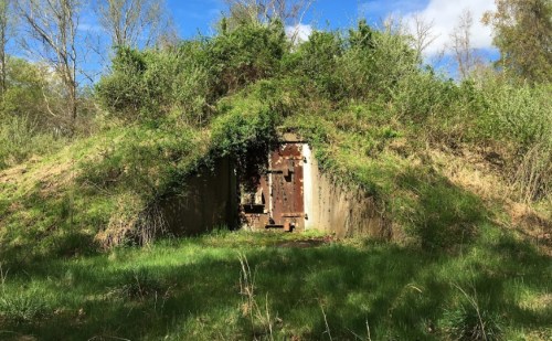 An overgrown concrete bunker entrance, partially hidden by grass and foliage, under a blue sky with scattered clouds.