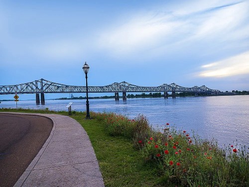 A bridge spans a river under a blue sky, with a pathway and wildflowers in the foreground.