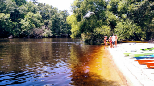 A sandy riverbank with people standing by the water, surrounded by lush greenery and colorful kayaks nearby.