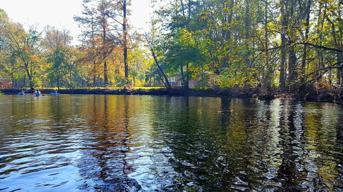 A serene river scene with trees reflecting on the water, surrounded by autumn foliage and a distant cabin.