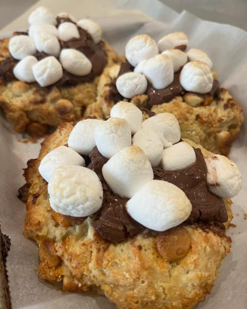 Three baked goods topped with chocolate spread and mini marshmallows, arranged on a parchment-lined tray.