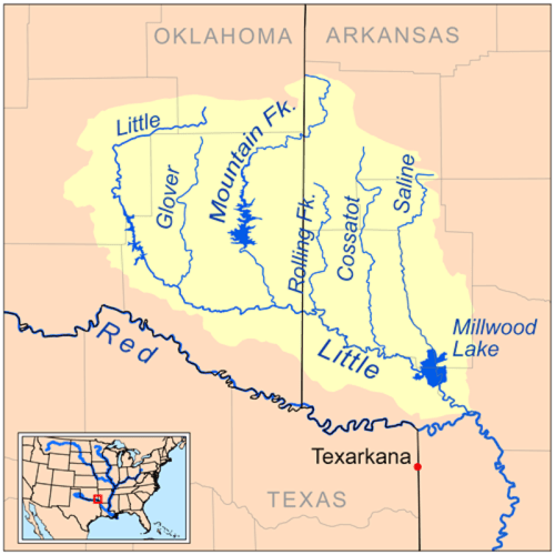 Map showing the Little River watershed in Arkansas and Texas, with rivers and Millwood Lake highlighted.