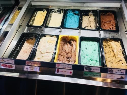 A display of various ice cream flavors in tubs, including vanilla, chocolate, mint chocolate chip, and birthday cake.