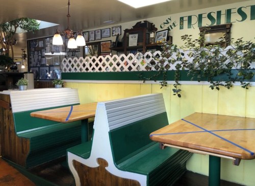 Cozy restaurant interior with green and white booths, wooden tables, and decorative plants on the walls.