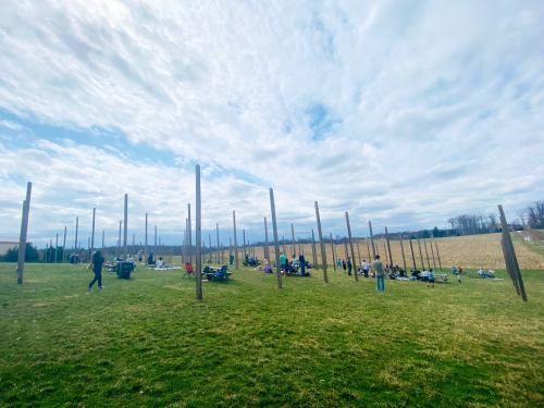 A grassy field with wooden poles and people sitting on benches, under a cloudy sky.