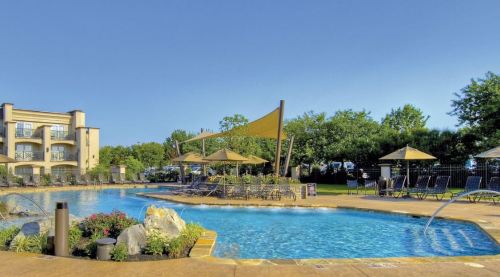 A sunny pool area with lounge chairs, umbrellas, and lush greenery surrounding a clear blue pool.