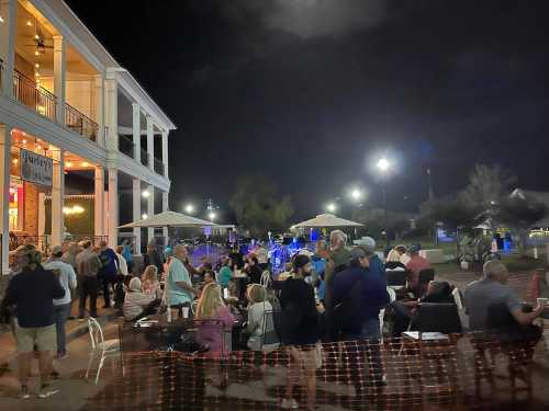 A lively outdoor event at night with a crowd enjoying music near a restaurant, illuminated by lights and a festive atmosphere.