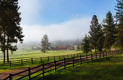A misty landscape with a dirt road, wooden fence, and a distant farm surrounded by tall trees and green fields.
