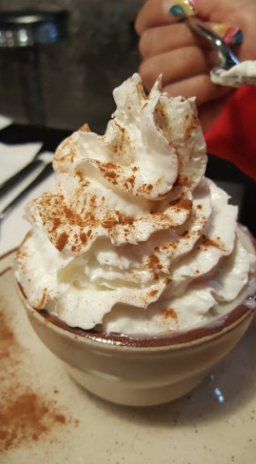 A bowl of whipped cream topped with a sprinkle of cocoa powder, with a hand holding a spoon in the background.