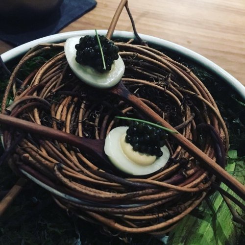 Two elegant appetizers on a nest of twigs, featuring creamy bases topped with caviar and garnished with chives.