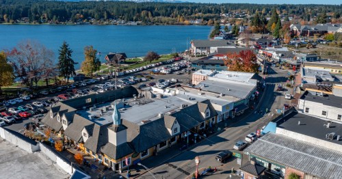 An aerial view of the main shops and the waterfront in Poulsbo, Washington.