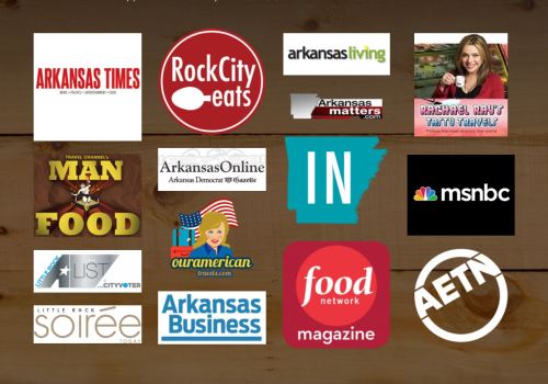 Collage of logos from various Arkansas media outlets and food-related brands, including Arkansas Times and Food Network.