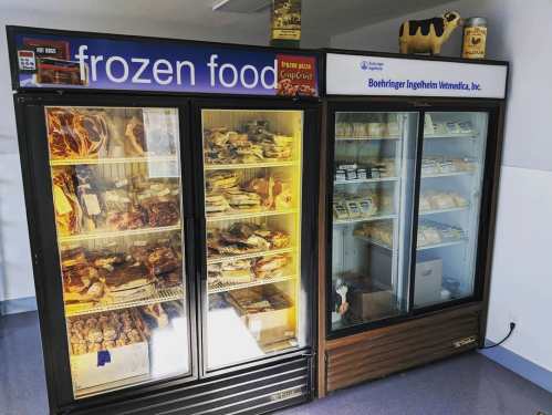 Two glass-fronted freezers filled with various frozen food items, labeled "frozen food" and "Boehringer Ingelheim."