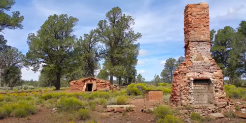 Ruins of stone structures surrounded by tall trees and shrubs under a blue sky with scattered clouds.