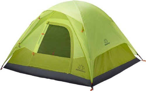 A bright green camping tent with a mesh door and gray base, set up for outdoor use.