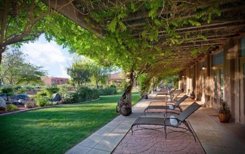 A serene outdoor patio with lounge chairs under a vine-covered pergola, surrounded by lush greenery and gardens.