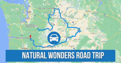 Map of a road trip route through Washington, highlighting natural wonders like Mount St. Helens and Lake Chelan.