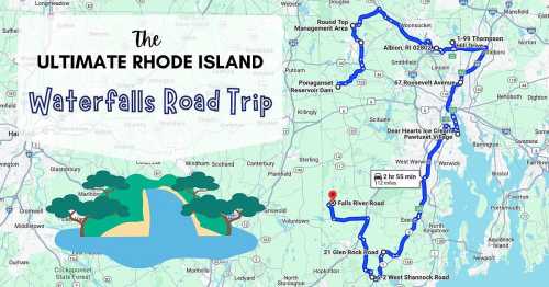 Map of a road trip route in Rhode Island highlighting various waterfalls, with key locations and travel times noted.