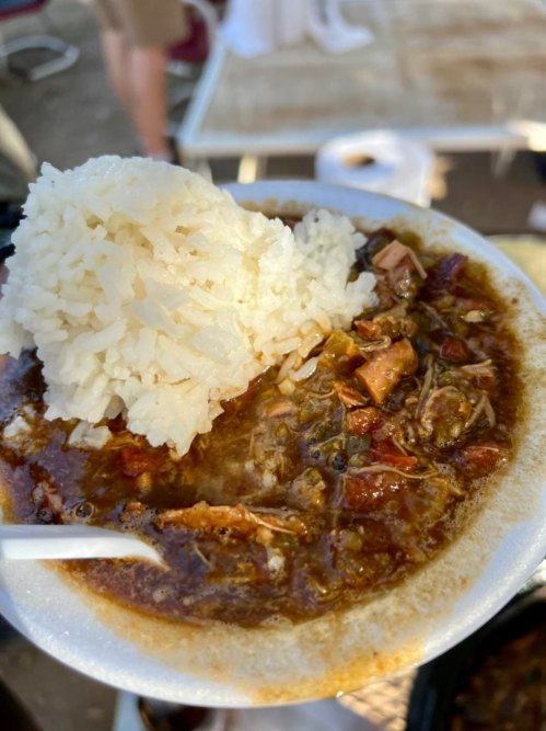 A bowl of savory stew with chunks of meat, topped with a mound of white rice.