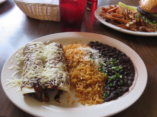 A plate with two enchiladas topped with cheese, served with rice, black beans, and a sprinkle of green onions.