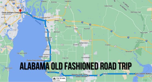 Map showing a route for an "Alabama Old Fashioned Road Trip," highlighting various stops along the way.