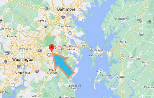 Map showing the location of Ruby's Southern Comfort Kitchen near Washington, D.C., with an arrow pointing to it.