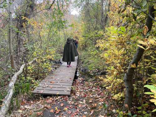 A person in a green cloak walks on a wooden path through a colorful autumn forest.