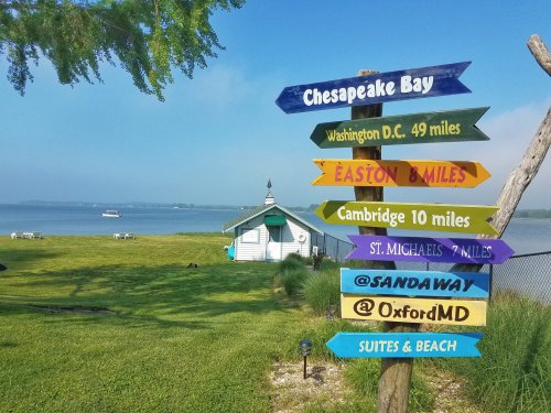 Signpost with directional arrows pointing to various locations near a calm bay, with a small building in the background.