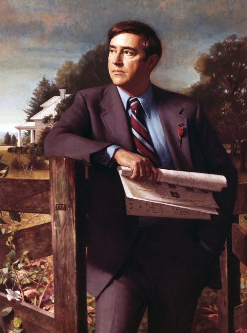 A man in a suit leans against a fence, holding blueprints, with a house and trees in the background.