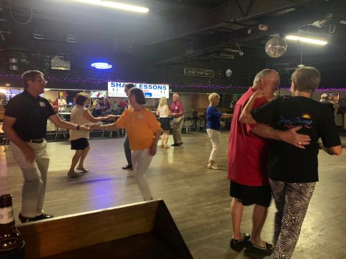 A lively dance floor with people enjoying a dance lesson in a well-lit venue.