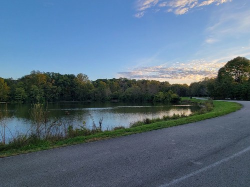 A serene lake surrounded by trees under a clear blue sky, with a winding path along the water's edge.