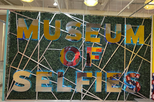 Colorful sign reading "MUSEUM OF SELFIES" on a green, textured background with geometric silver accents.