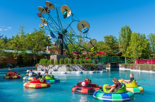 Colorful bumper boats float in a pool near a large Ferris wheel on a sunny day, with trees and seating in the background.