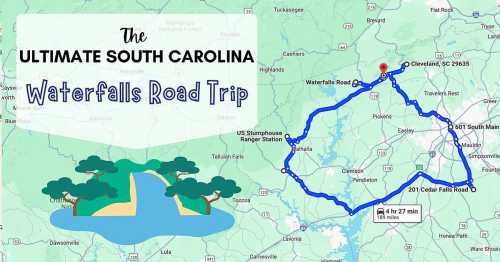 Map of a road trip route in South Carolina, highlighting waterfalls and key locations along the journey.