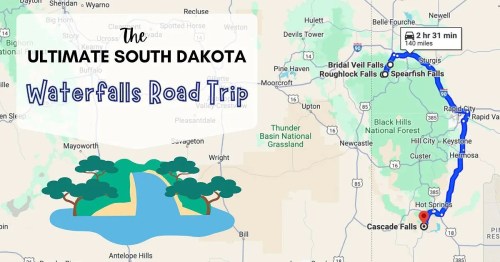 Map highlighting the Ultimate South Dakota Waterfalls Road Trip route, featuring key locations and travel time.