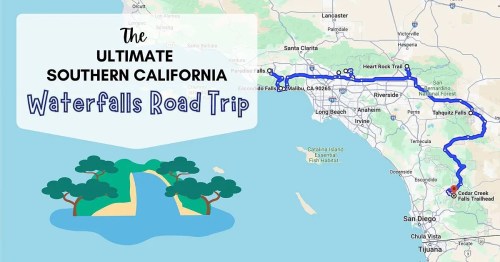Map highlighting the Ultimate Southern California Waterfalls Road Trip route, featuring scenic locations and trails.