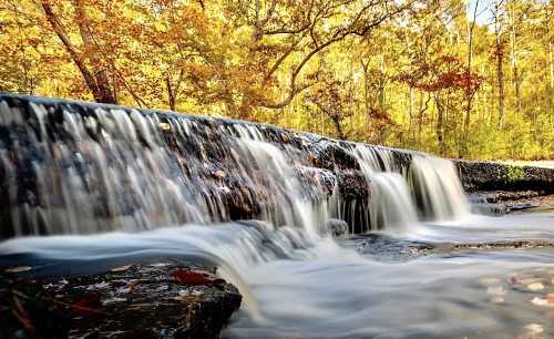 A serene waterfall cascades over rocks, surrounded by vibrant autumn foliage and a tranquil forest setting.