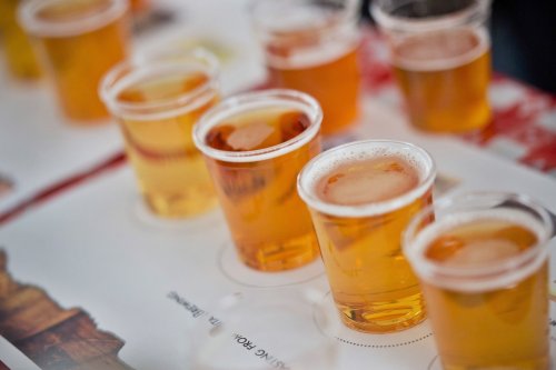 A row of clear cups filled with golden beer on a table, showcasing various samples.