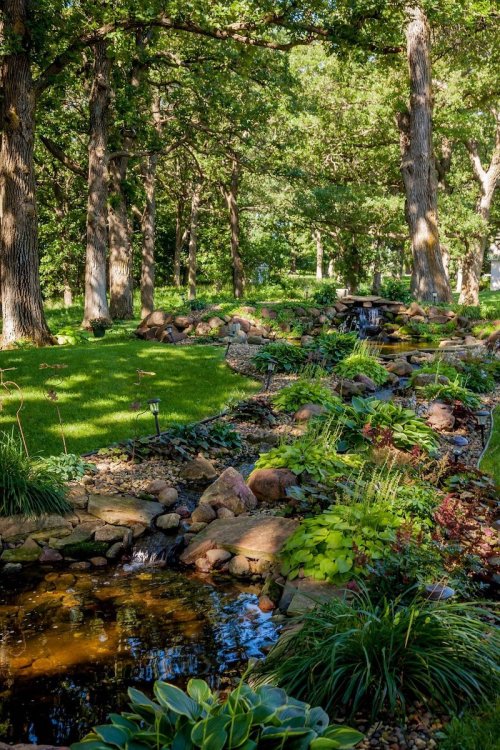 A serene garden scene with a winding stream, lush greenery, and tall trees, creating a peaceful natural setting.